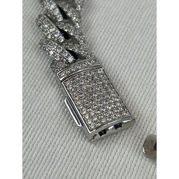 Mens Iced Cuban Link Chain Bracelet Silver Color With Box Clasp Rhinestones - Picture 2 of 8